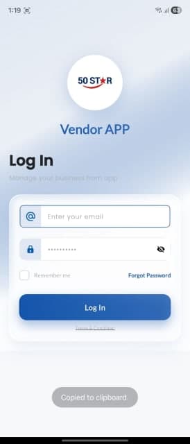 50Star vendor mobile app login screen for sellers