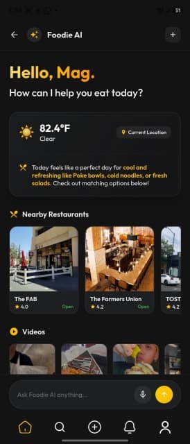 Foodie AI assistant suggesting a meal based on the current weather