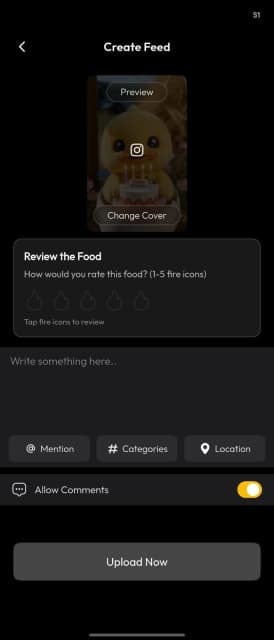 Foodie Create Feed composer with the 1-5 fire-rating review scale