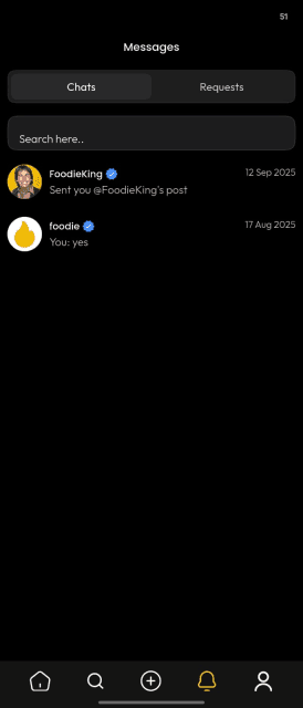 Foodie in-app messaging inbox in the dark-theme redesign