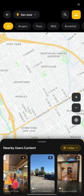 Foodie discovery map showing geo-tagged videos from nearby users