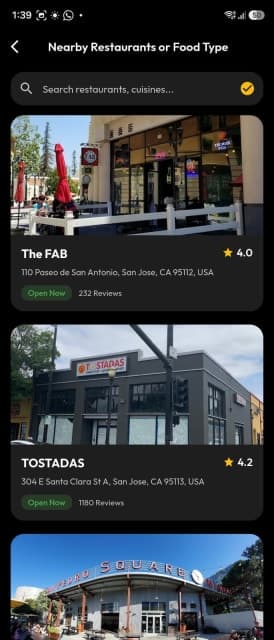 Foodie nearby restaurant list with ratings, reviews, and open-now status