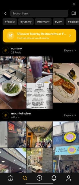 Redesigned Foodie discover screen in the 2026 dark theme