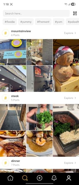 Foodie discover screen with trending hashtag categories (original light UI)