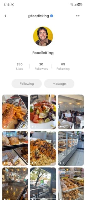 Foodie creator profile with video grid (original light UI)