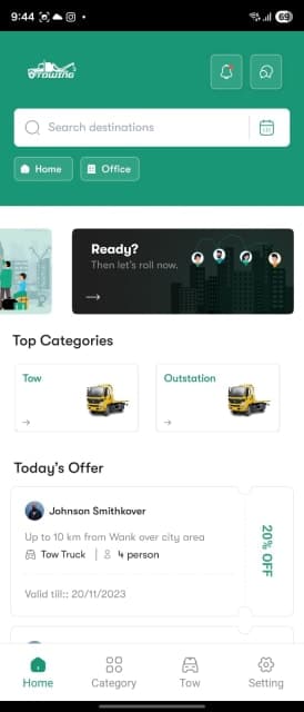 Towsider customer app home screen with destination search, saved places, and tow categories