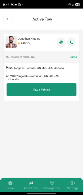 Towsider Active Tow screen with assigned driver, rating, fare, and one-tap chat and call