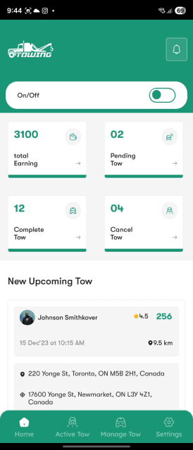Towsider driver app home screen with availability toggle