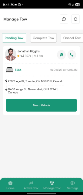 Towsider driver app Manage Tows job-management view