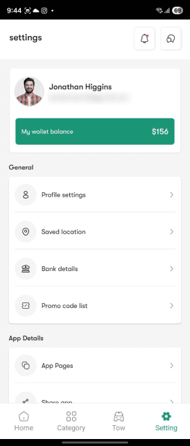 Towsider wallet and account settings screen