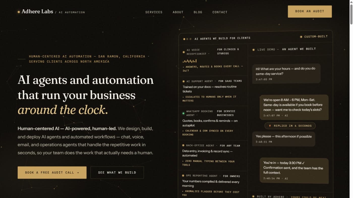Adhere Labs homepage hero — editorial dark-luxe design in near-black and gold with Fraunces serif typography