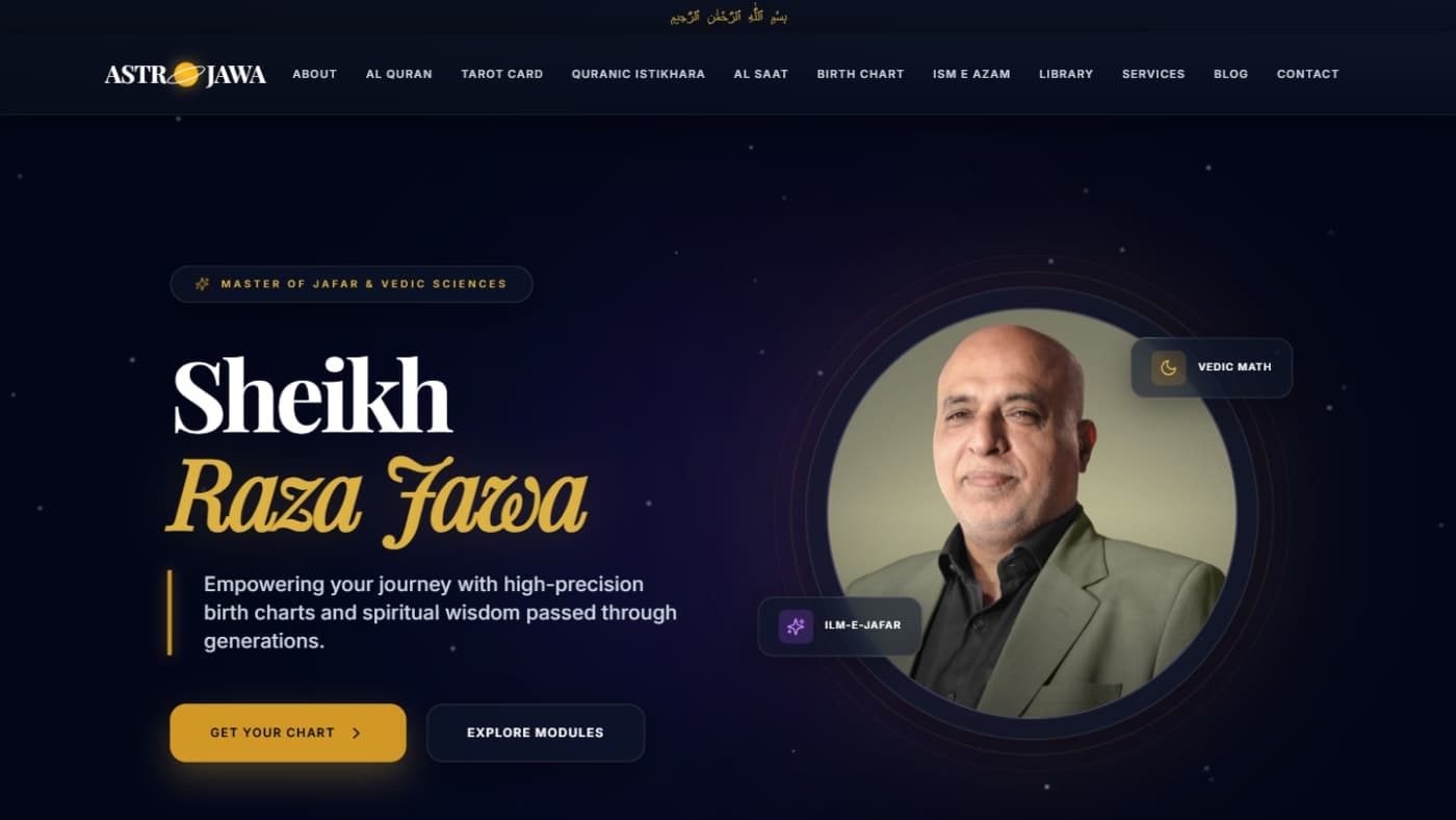 AstroJawa homepage hero — deep-navy cosmic design for Sheikh Zawar Raza Jawa's Islamic spiritual-guidance platform