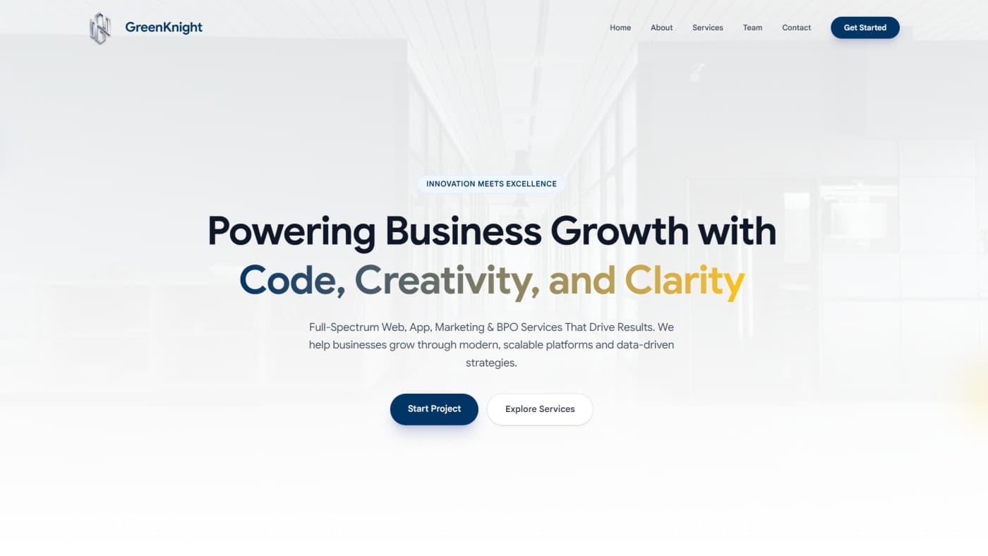 Green Knight website hero — Powering Business Growth with Code, Creativity, and Clarity