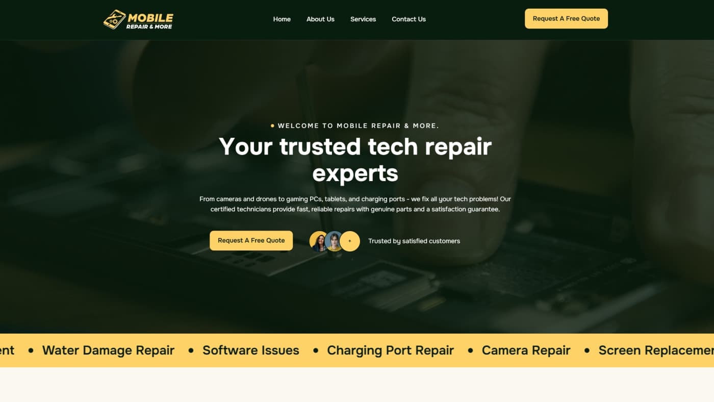 Mobile Repair & More homepage hero — Your trusted tech repair experts, with scrolling services ticker