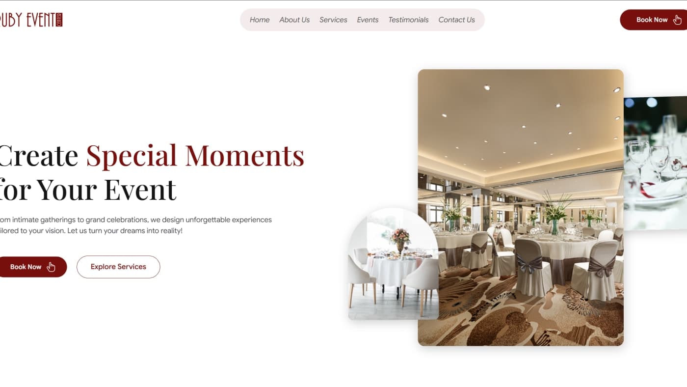 Ruby Event Center homepage hero — the landing experience Naqvix's Meta ad campaigns drive traffic to