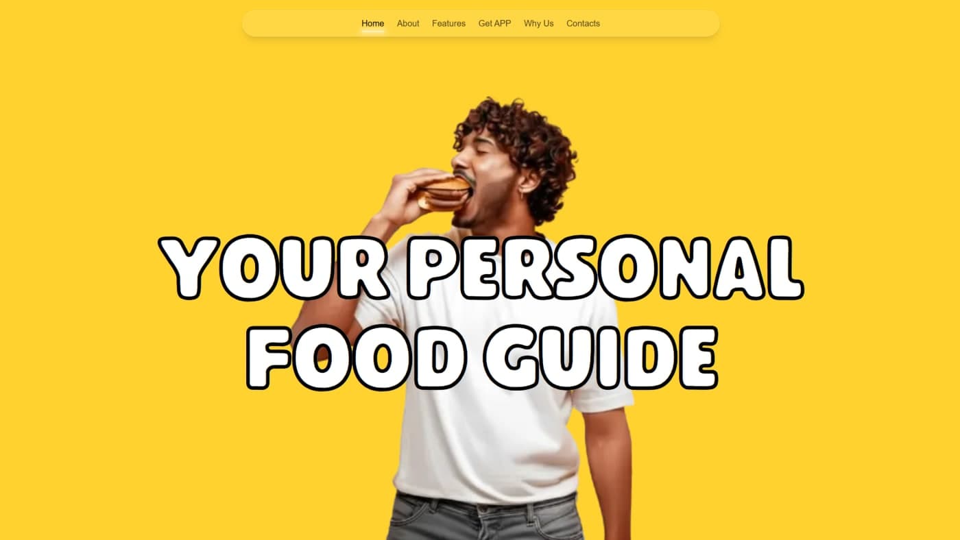 Foodie marketing site hero at getfoodie.io — 'Your Personal Food Guide' with app preview