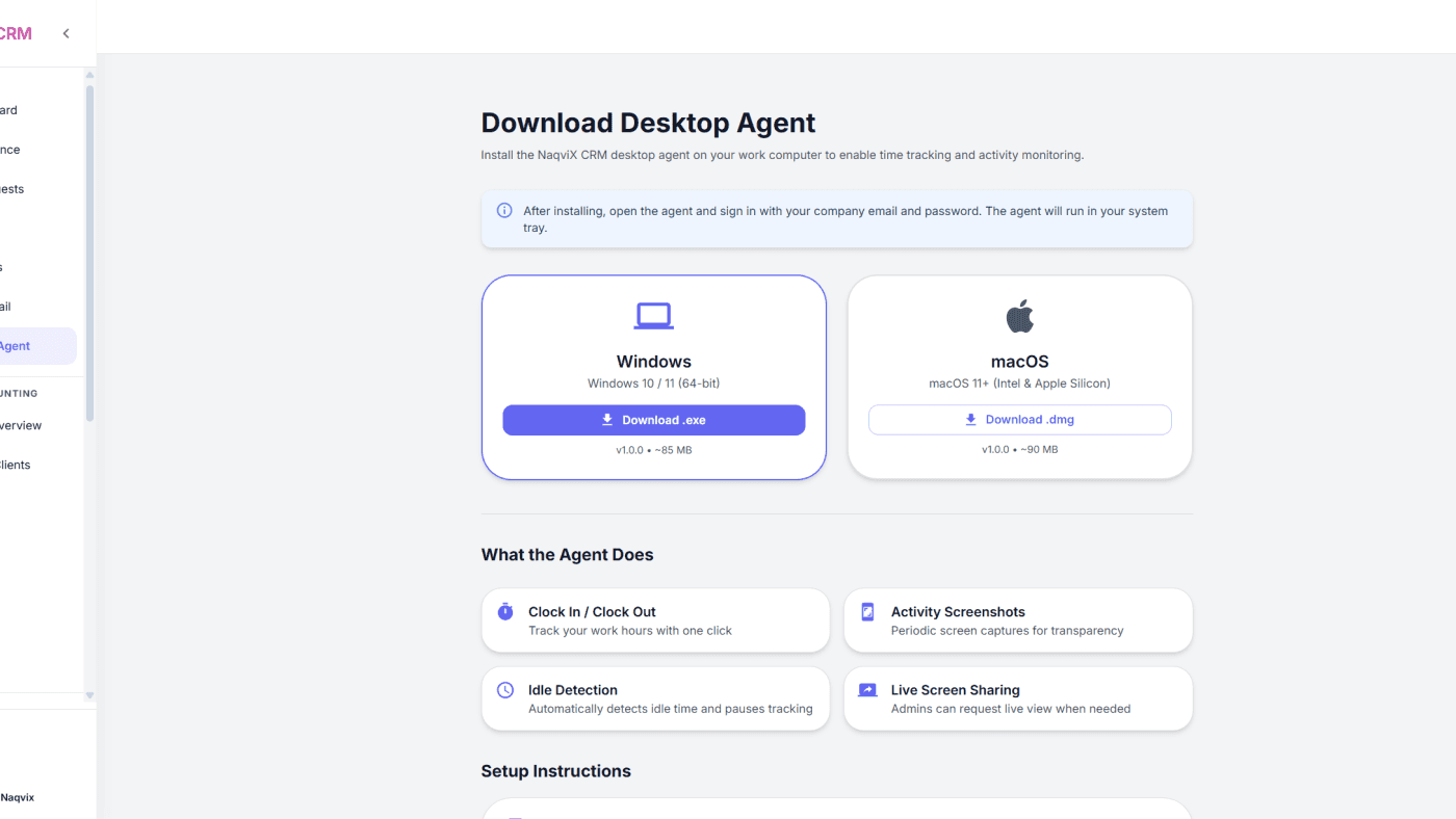 Naqvix CRM desktop agent download page for Windows and macOS, listing clock-in, activity screenshots, idle detection, and live screen sharing