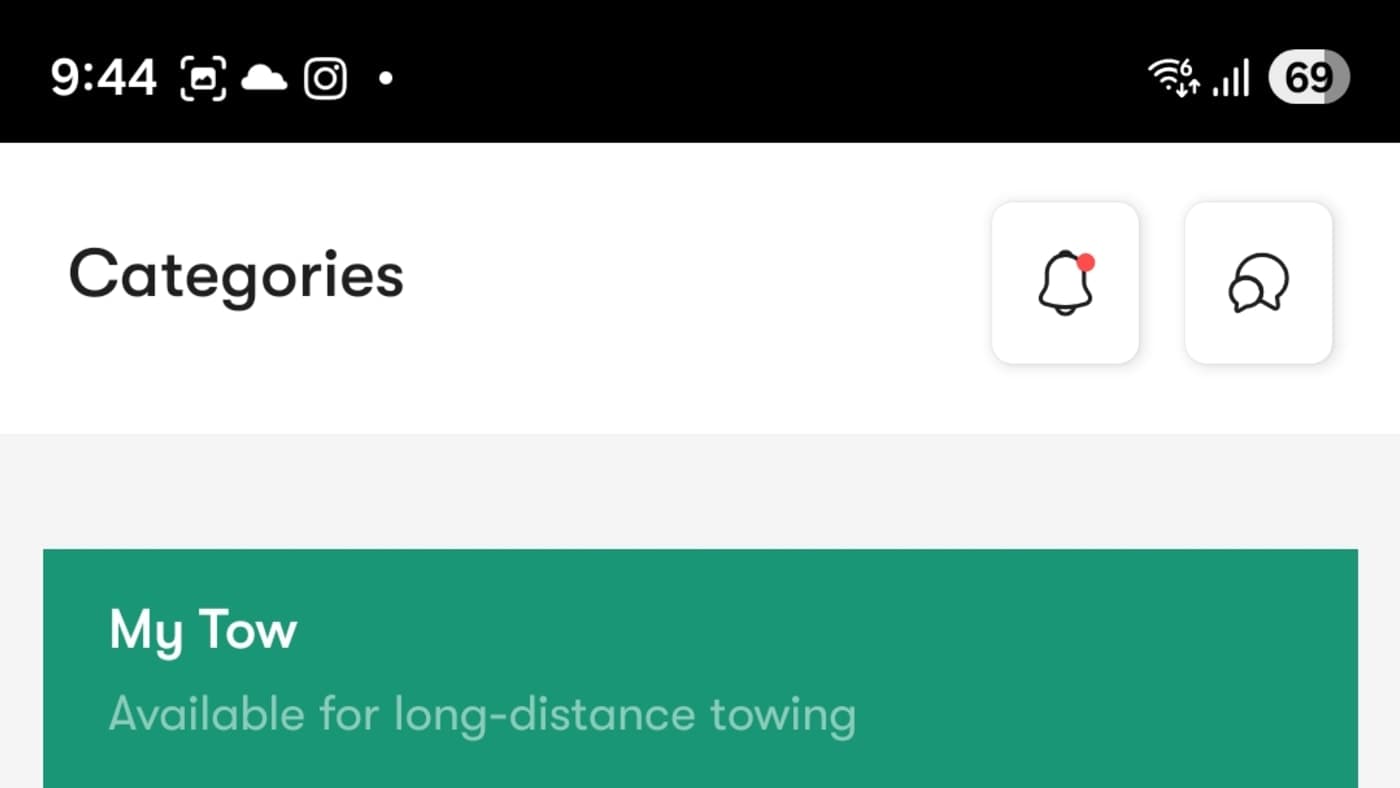 Towsider service categories: My Tow, Outstation, and Truck Rental