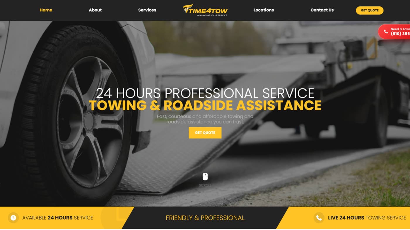 Time4Tow homepage hero with 24/7 call badge and towing quote CTA