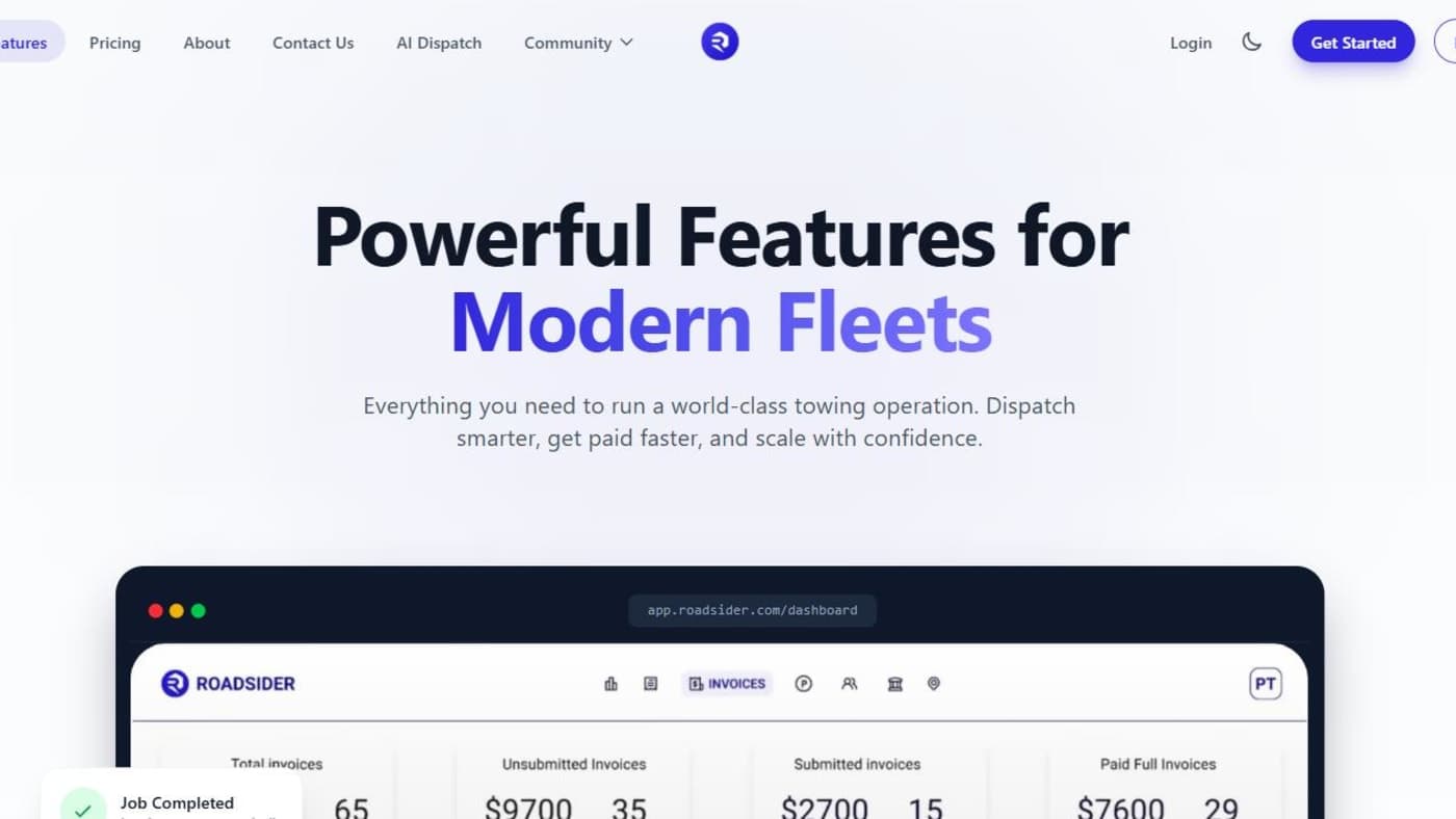 Roadsider features page presenting the all-in-one roadside assistance platform for towing companies