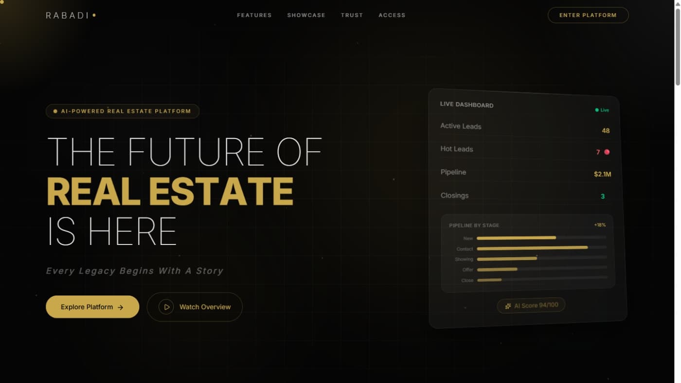 Rabadi dark SaaS landing page hero for the real-estate platform