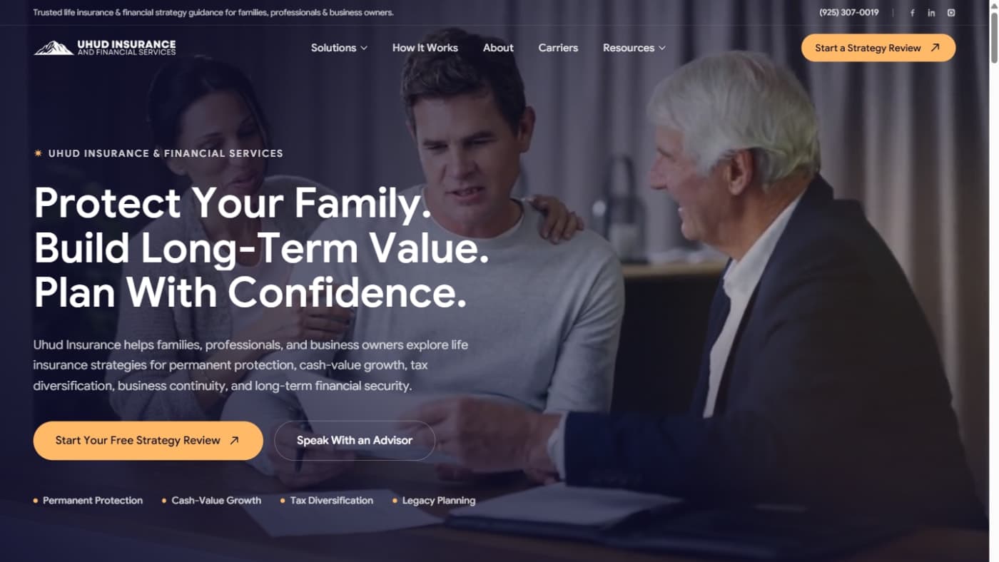 Uhud Insurance homepage hero — Protect Your Family, Build Long-Term Value, Plan With Confidence