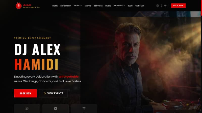 DJ Alex platform homepage hero for Anaar Entertainment — dark gold-luxury design with looping demo-mix audio and Book Now call to action