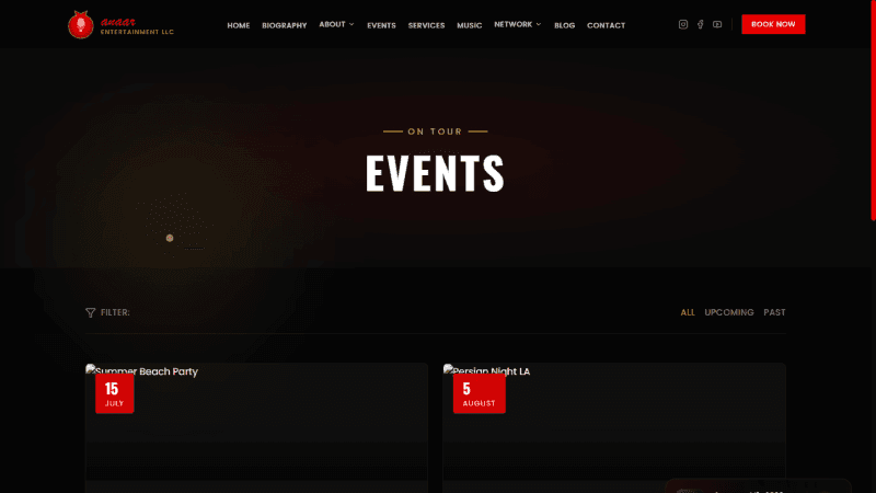 DJ Alex events page with tour-style listings, public and private event visibility, and outbound Ticketmaster ticket links