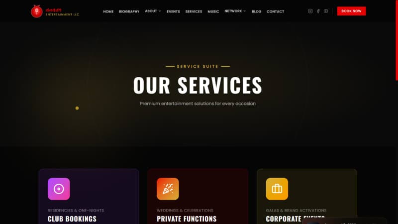 DJ Alex services page showing five service categories and nine priced add-ons ranging from $150 to $800+
