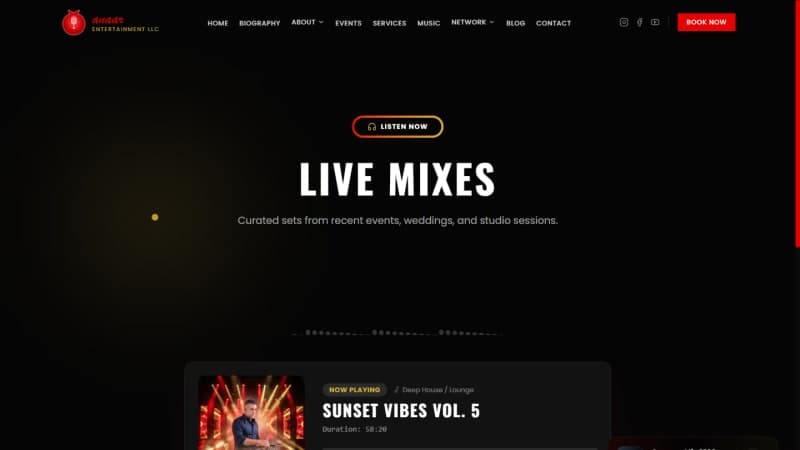 DJ Alex mixes library with genre tags, durations, play counts, and MP3 download buttons
