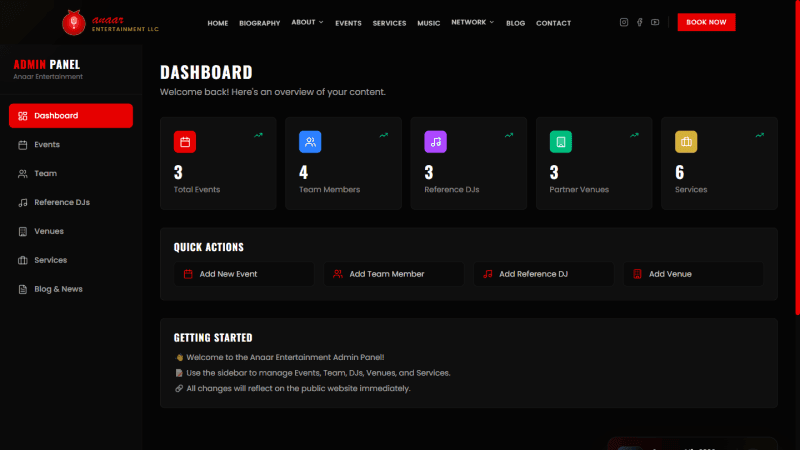 DJ Alex admin dashboard managing events, team, reference DJs, venues, services, and blog content with live stats