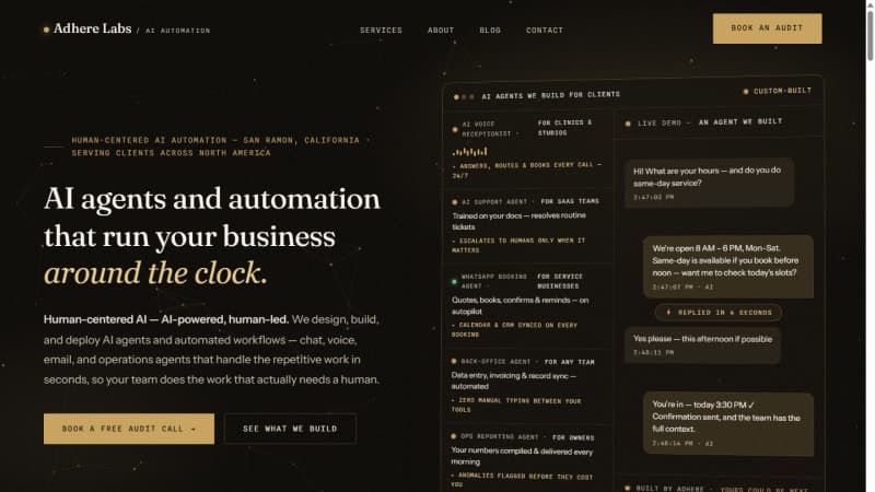 Adhere Labs homepage hero — editorial dark-luxe design in near-black and gold with Fraunces serif typography
