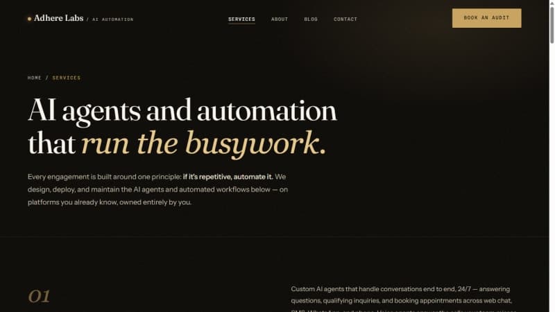 Adhere Labs services page with six AI-automation services and the Audit-Build-Run engagement model