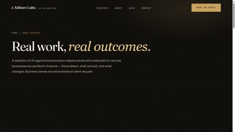 Adhere Labs case-studies index listing 20 client case studies across 16 industries