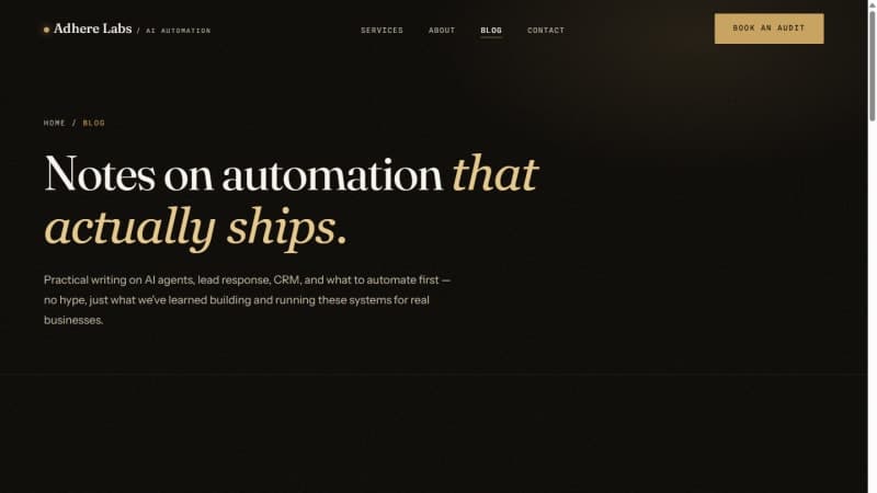 Adhere Labs blog index with 12 long-form articles in the editorial layout