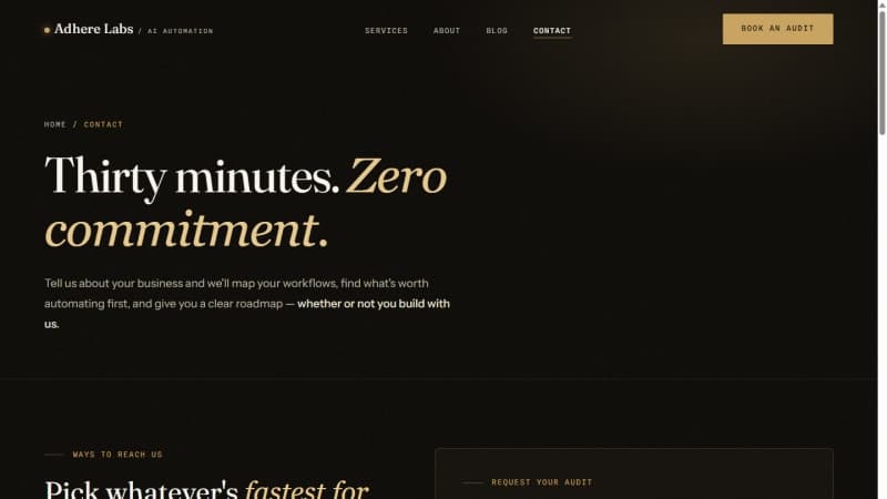 Adhere Labs contact page — free audit call, thirty minutes, zero commitment