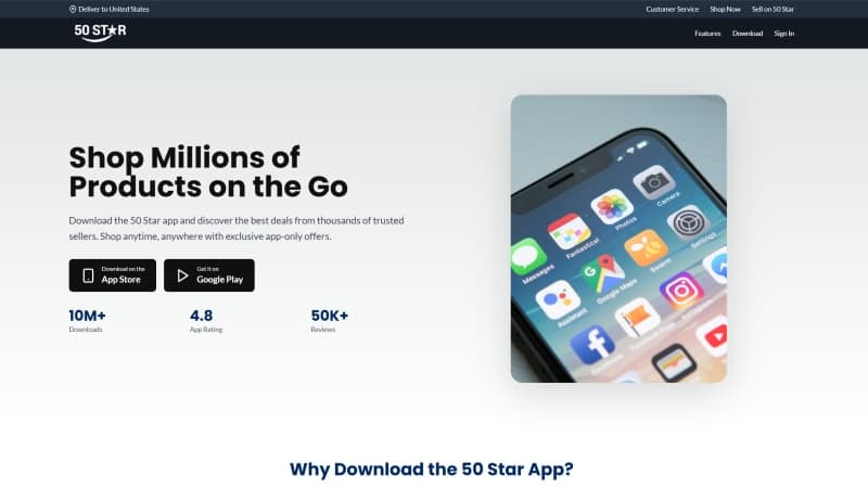 50Star app landing hero promoting the marketplace mobile app download