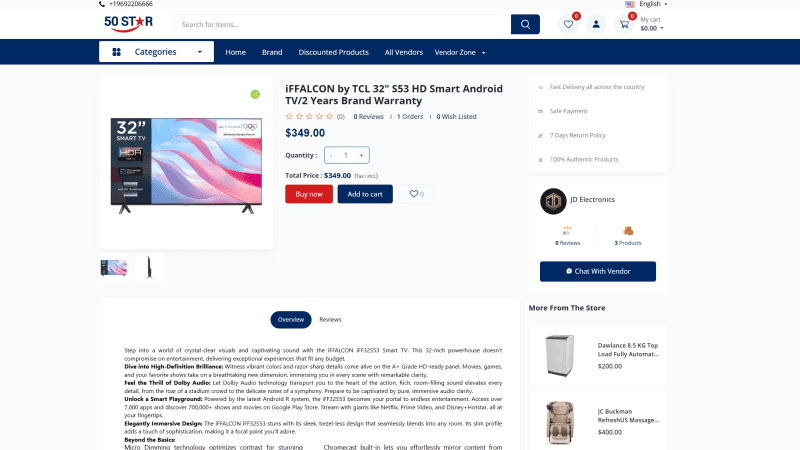 50Star product detail page with vendor card and Chat With Vendor button
