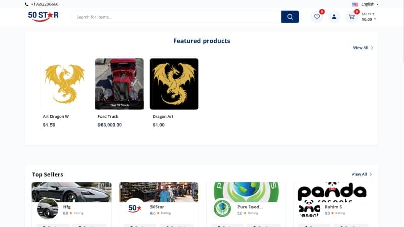 50Star marketplace storefront homepage with category navigation and product feeds