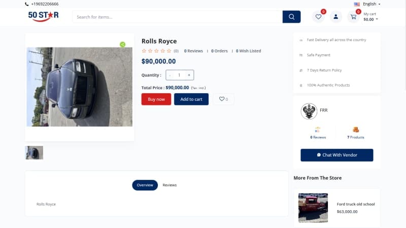 50Star product detail page showing vendor chat entry point beside the product gallery