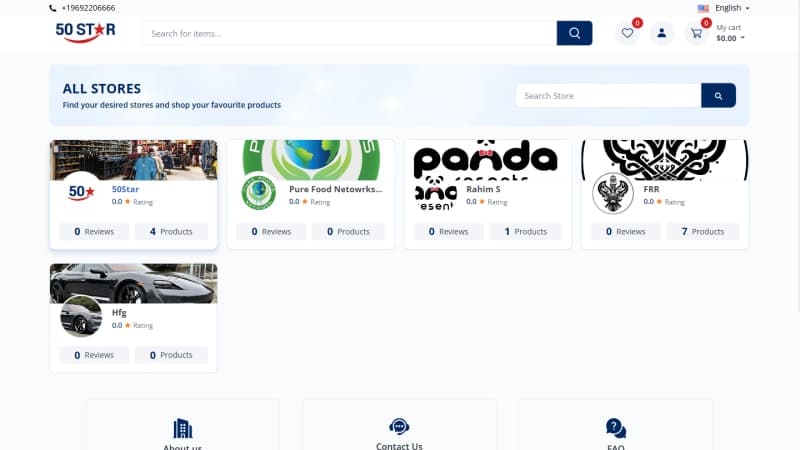 50Star vendor stores directory listing per-vendor storefronts with banners and ratings