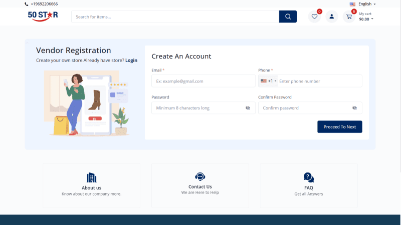 50Star vendor registration form with shop details and TIN certificate upload