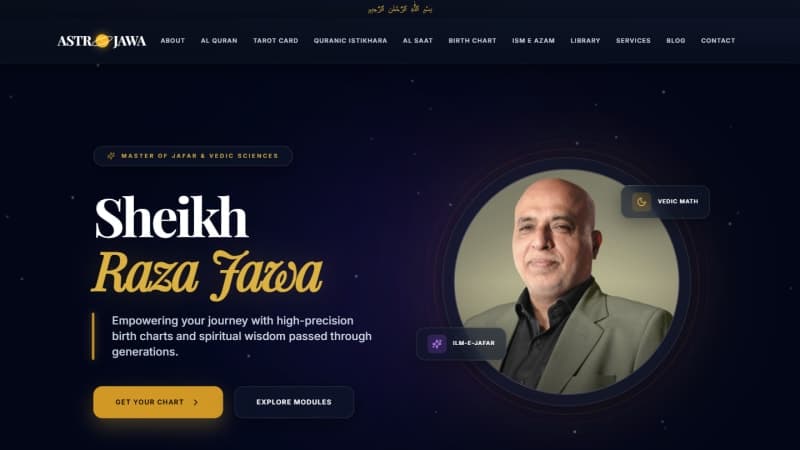 AstroJawa homepage hero — deep-navy cosmic design for Sheikh Zawar Raza Jawa's Islamic spiritual-guidance platform