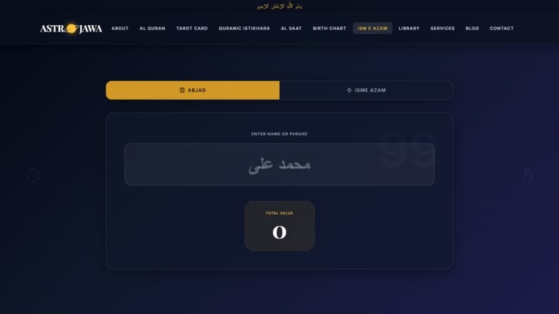 AstroJawa Isme Azam calculator matching a name's Abjad resonance number to one of the 99 Names of Allah with recitation guidance
