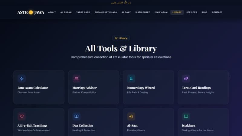 AstroJawa tools directory listing the platform's 14 interactive spiritual tools, from numerology to planetary hours