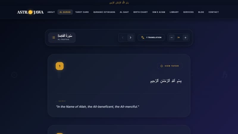 AstroJawa Quran reader with Shia translations by Ahmed Ali and Ali Quli Qarai alongside tafsir commentary