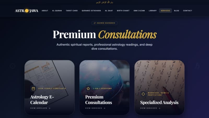AstroJawa consultations storefront with dual PKR/USD pricing tiers and WhatsApp booking links