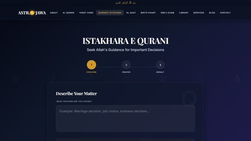 AstroJawa Istakhara e Qurani guidance tool running entirely in the browser