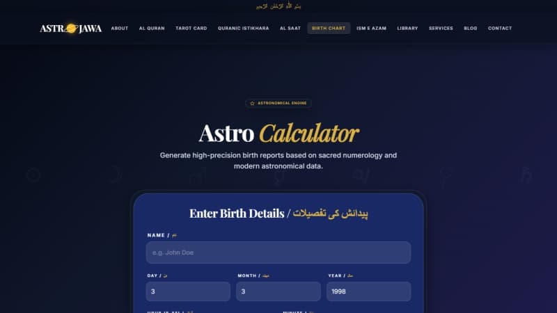 AstroJawa birth chart calculator computing a chart client-side on the deep-navy cosmic interface
