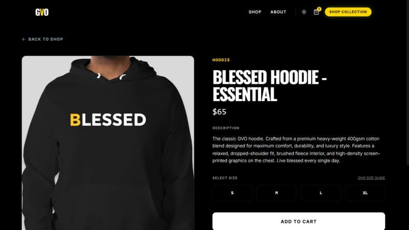 Good Vibes Only product page with required size selection and size guide